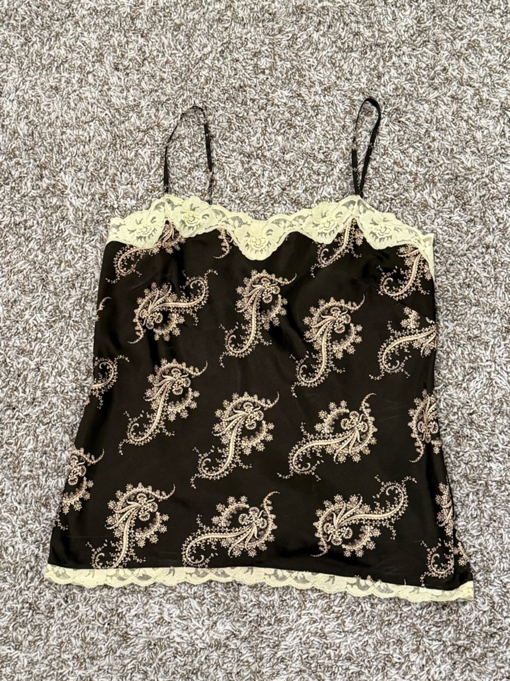 Lace Trim Paisley Satin Cami Top in Black and Cream